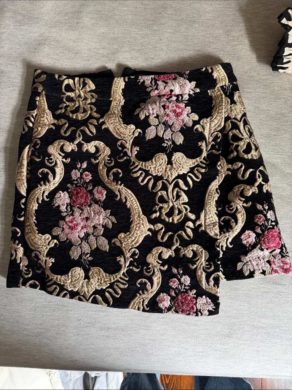 Floral Brocade Mini Skirt in Black and Pink